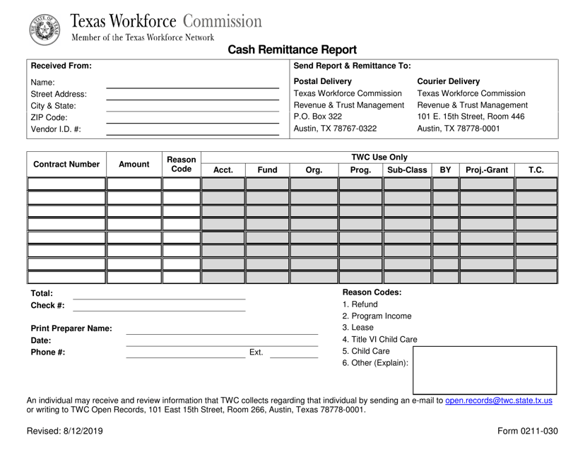 Form 0211-030 Cash Remittance Report - Texas