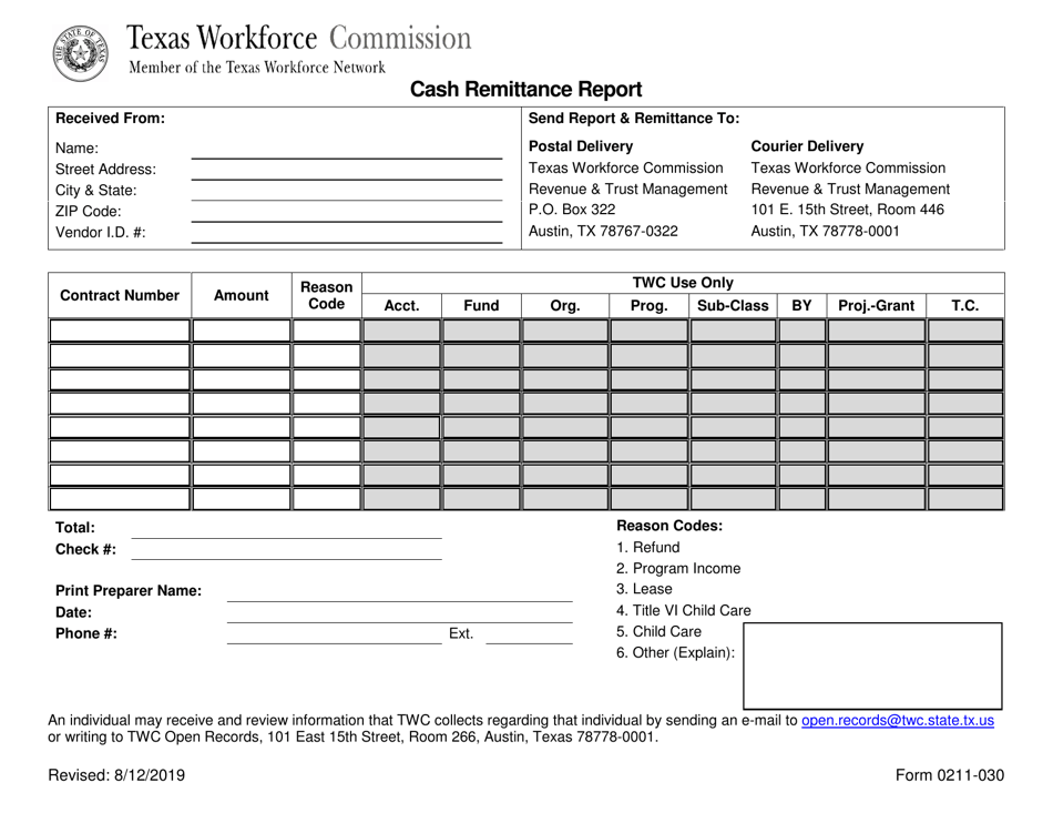 Form 0211-030 Cash Remittance Report - Texas, Page 1