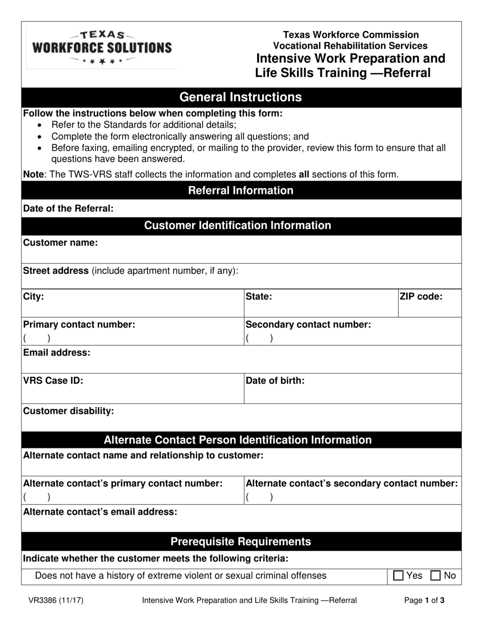 Form VR3386 Intensive Work Preparation and Life Skills Training - Referral - Texas, Page 1