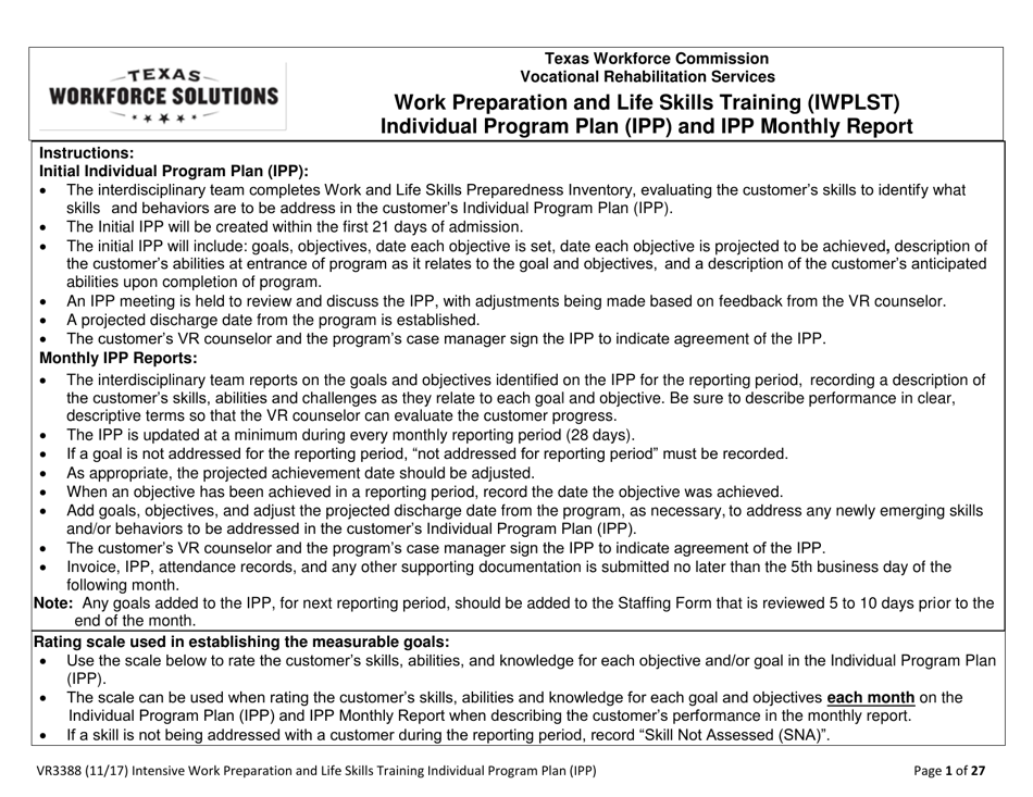 Form VR3388 Work Preparation and Life Skills Training (Iwplst) Individual Program Plan (Ipp) and Ipp Monthly Report - Texas, Page 1