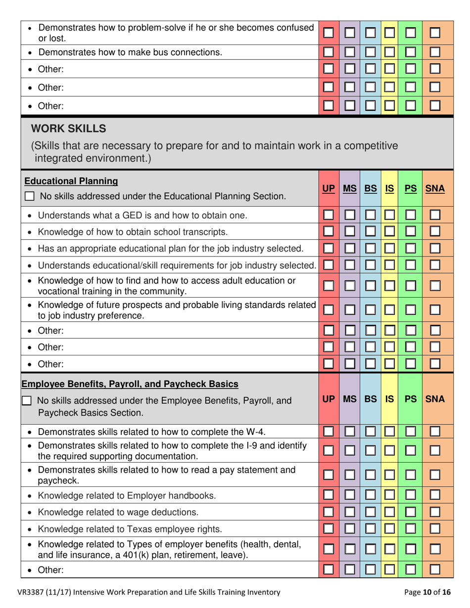 Form VR3387 Intensive Work Preparation and Life Skills Training Inventory - Texas, Page 10