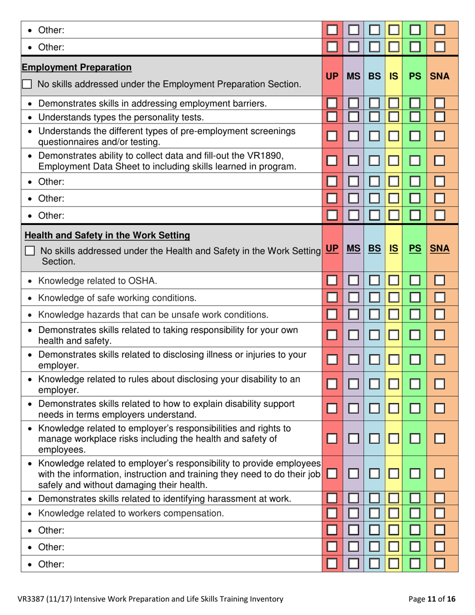 Form VR3387 Intensive Work Preparation and Life Skills Training Inventory - Texas, Page 11