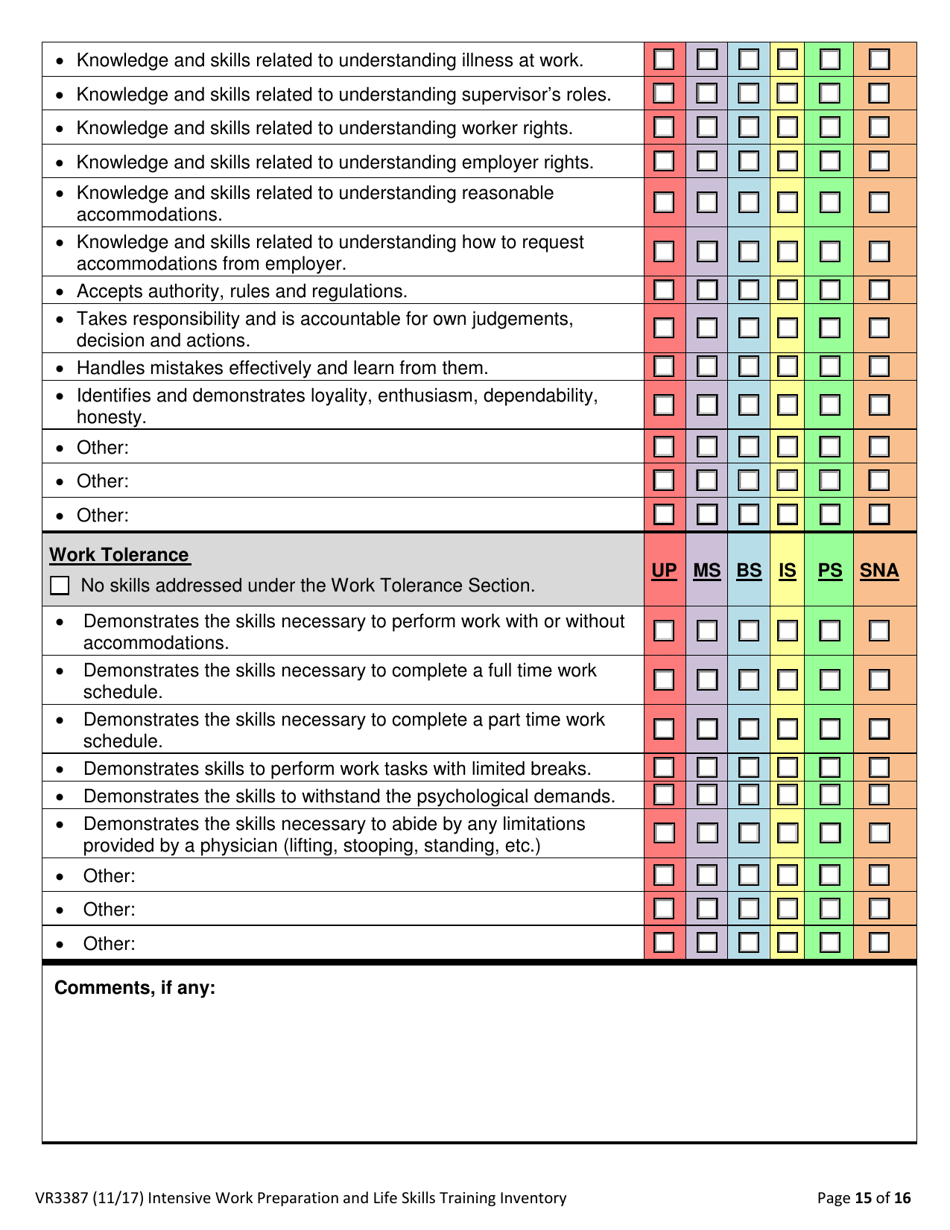 Form VR3387 Intensive Work Preparation and Life Skills Training Inventory - Texas, Page 15