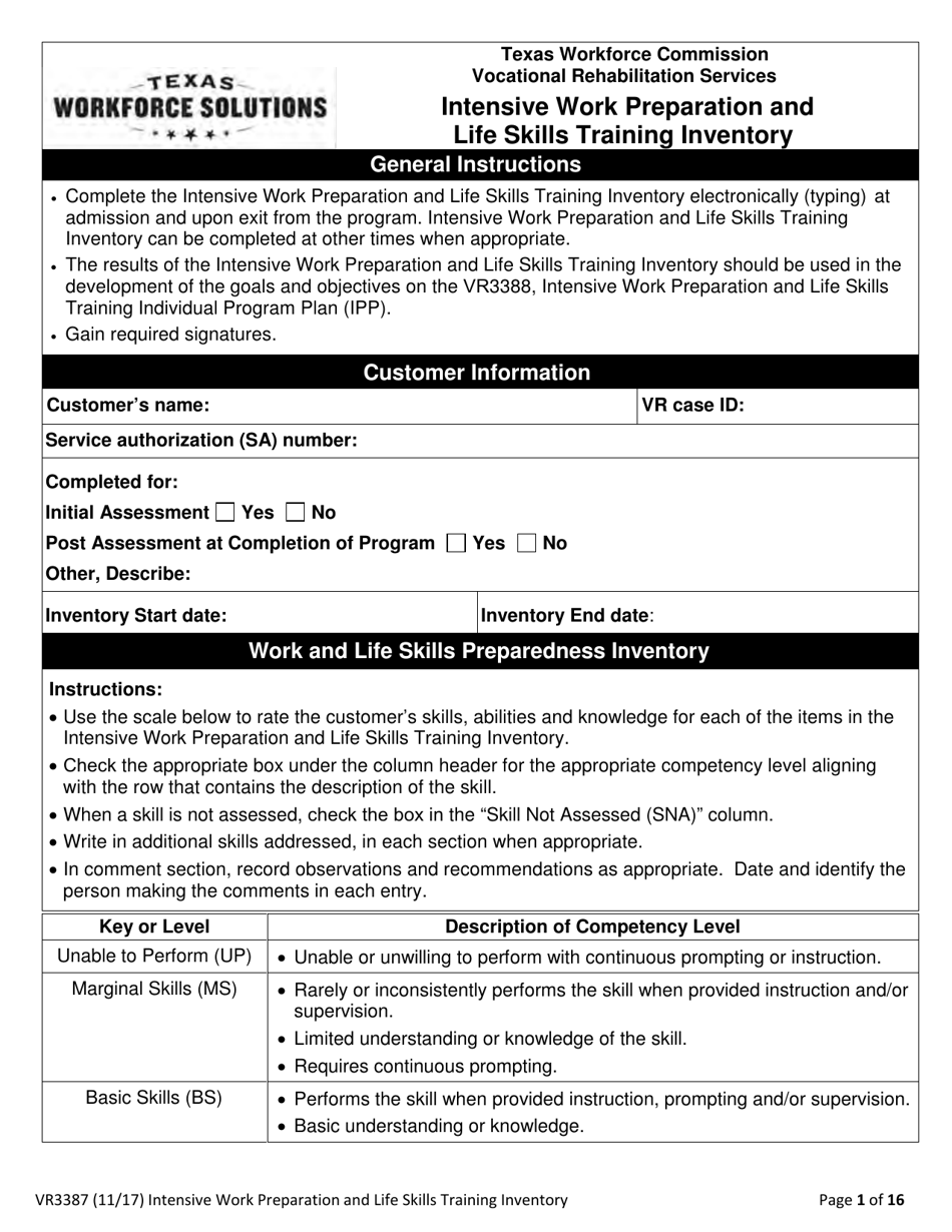 Form VR3387 Intensive Work Preparation and Life Skills Training Inventory - Texas, Page 1