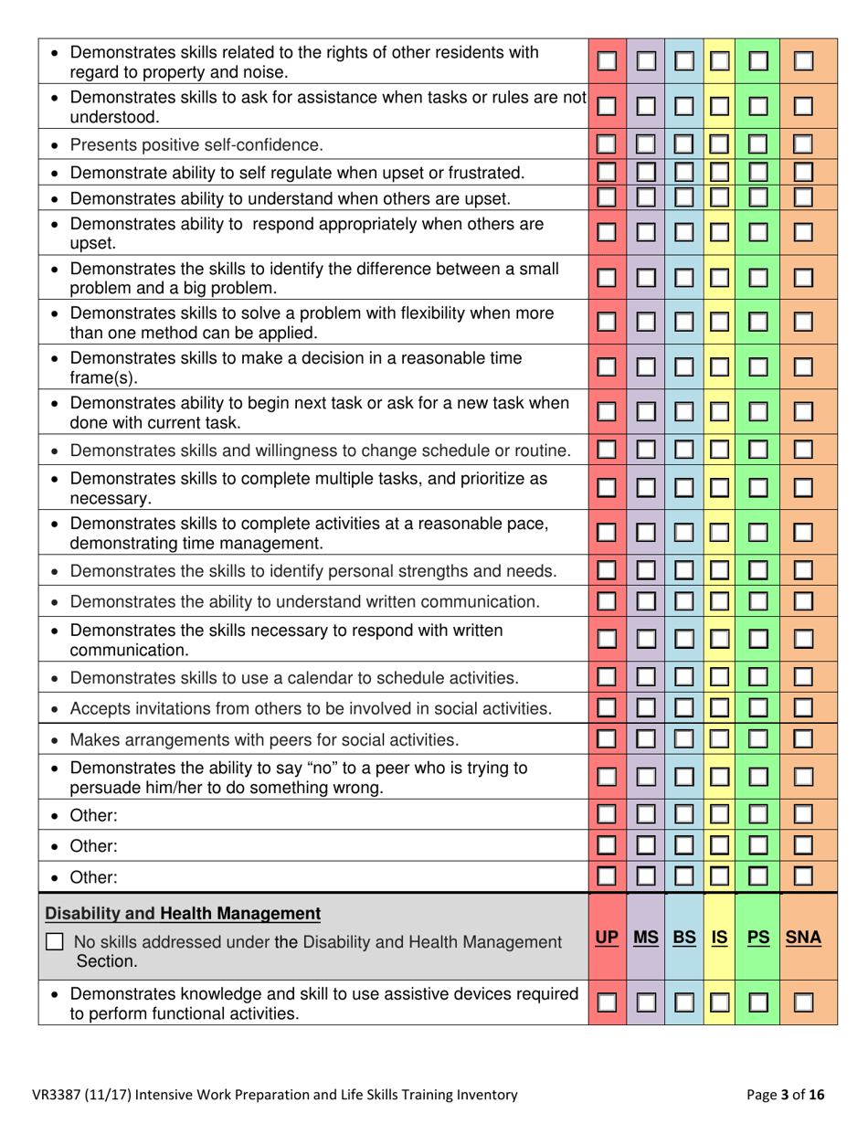 Form VR3387 Intensive Work Preparation and Life Skills Training Inventory - Texas, Page 3