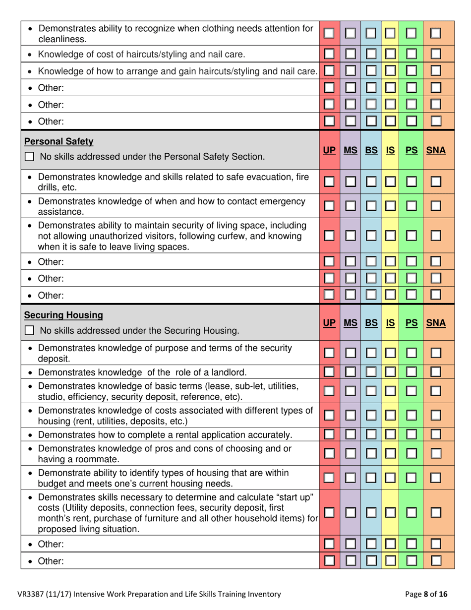 Form VR3387 Intensive Work Preparation and Life Skills Training Inventory - Texas, Page 8