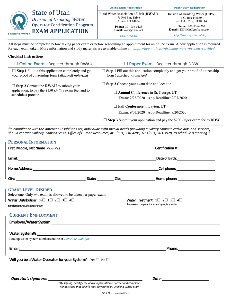 Operator Certification Program Exam Application - Utah, Page 1