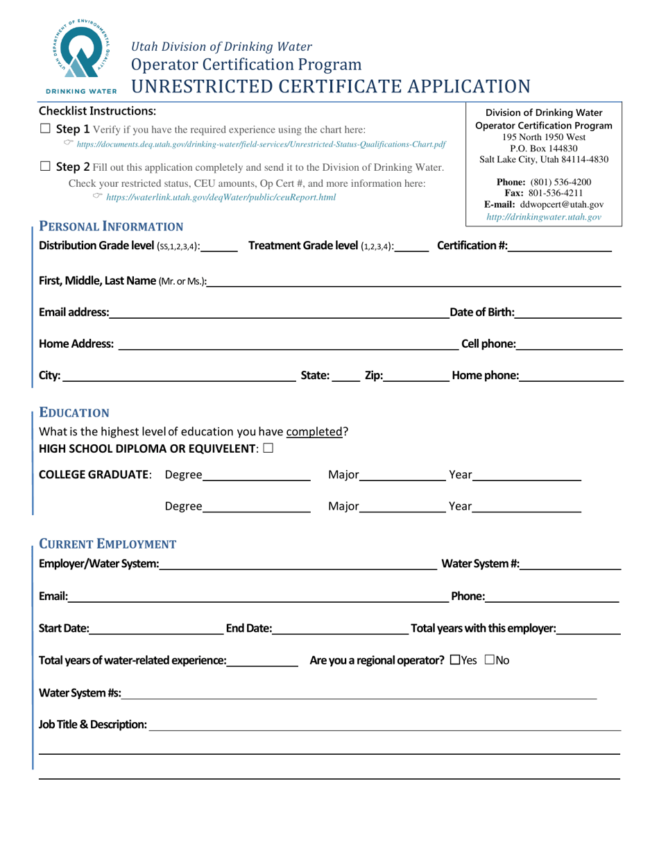 Utah Operator Certification Program Unrestricted Certificate ...