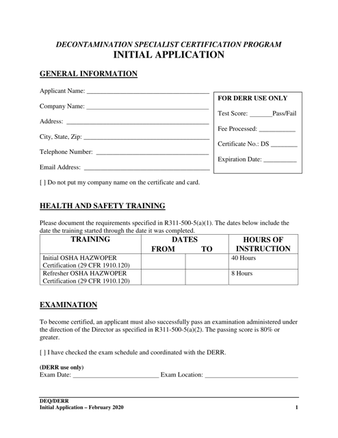 Decontamination Specialist Certification Program Initial Application - Utah Download Pdf