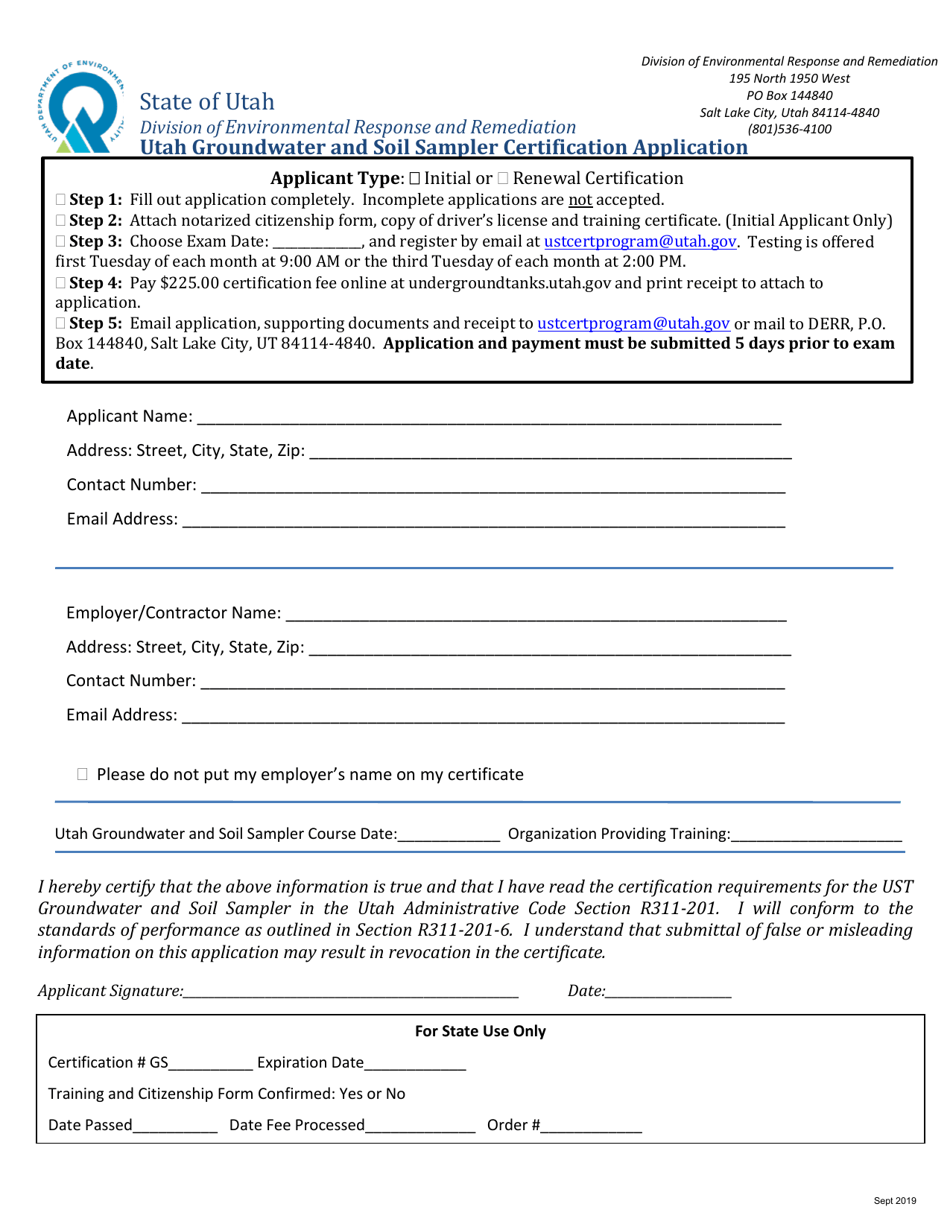 Utah Groundwater and Soil Sampler Certification Application - Utah, Page 1