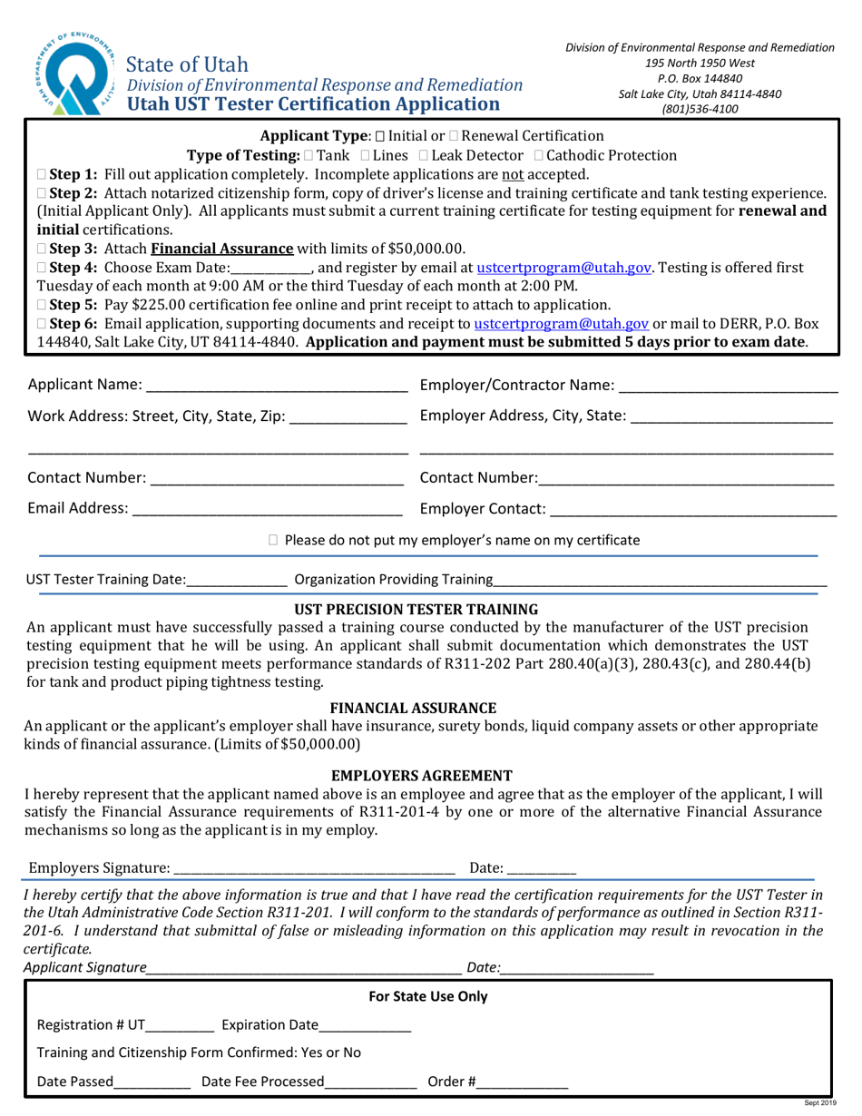 Utah Ust Tester Certification Application - Utah, Page 1