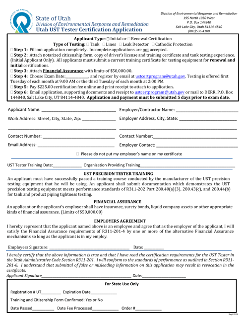 Utah Ust Tester Certification Application - Utah Download Pdf