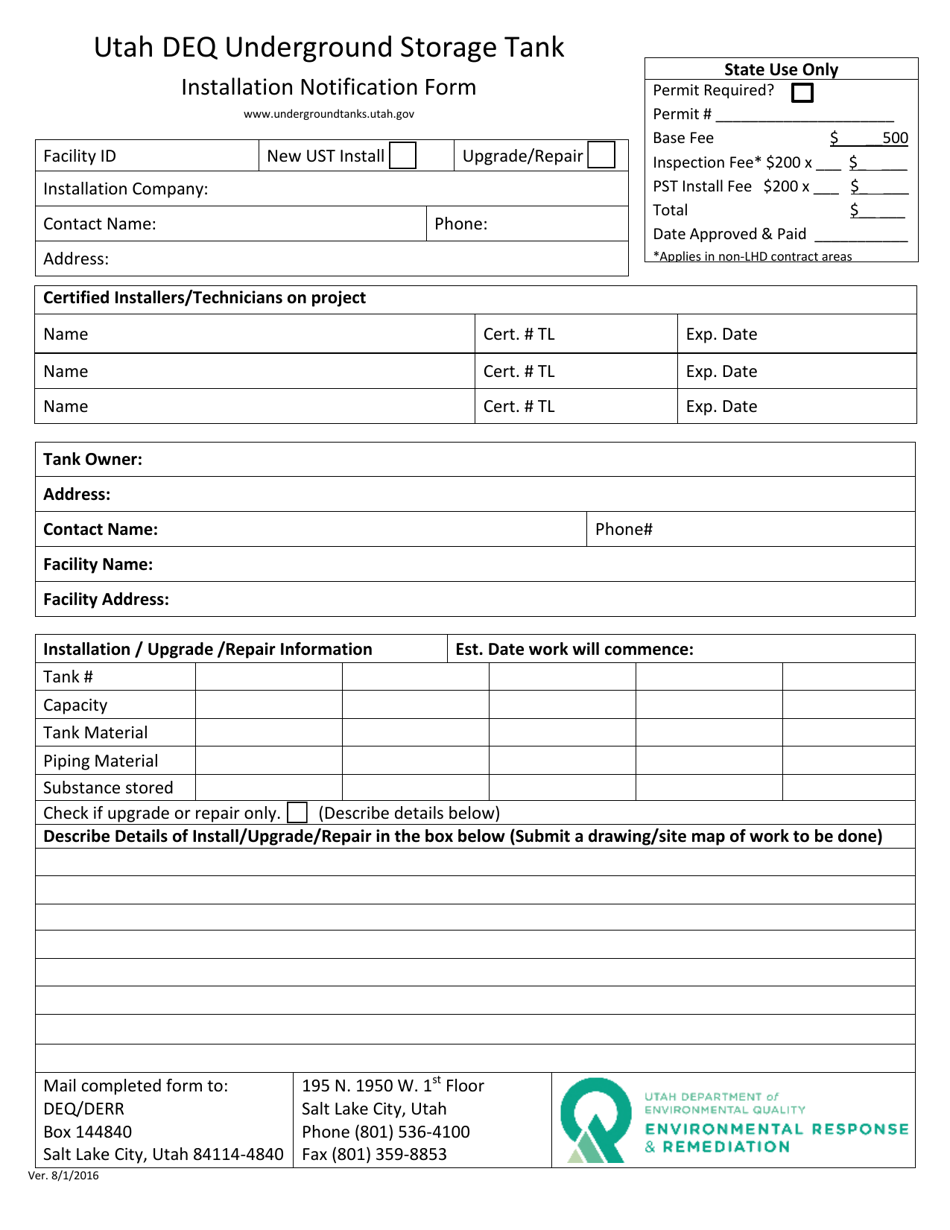 Underground Storage Tank Installation Notification Form - Utah, Page 1