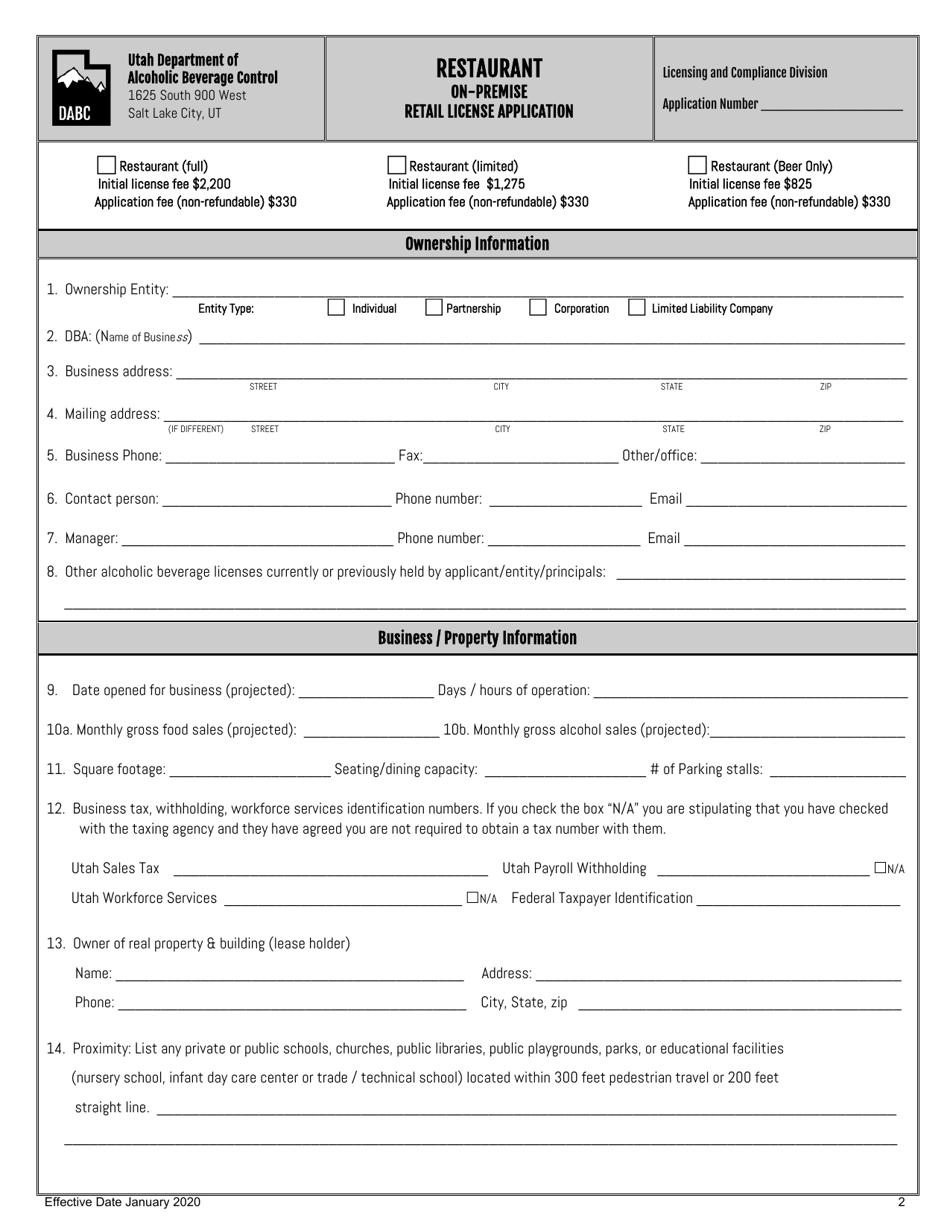 Restaurant on-Premise Retail License Application - Utah, Page 2