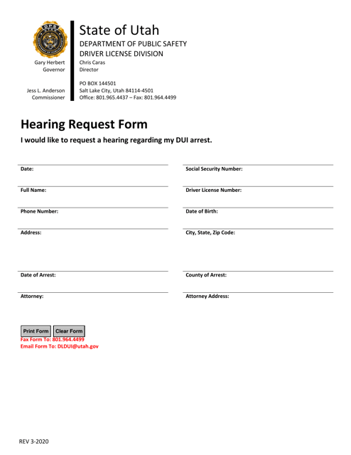 Hearing Request Form - Utah Download Pdf