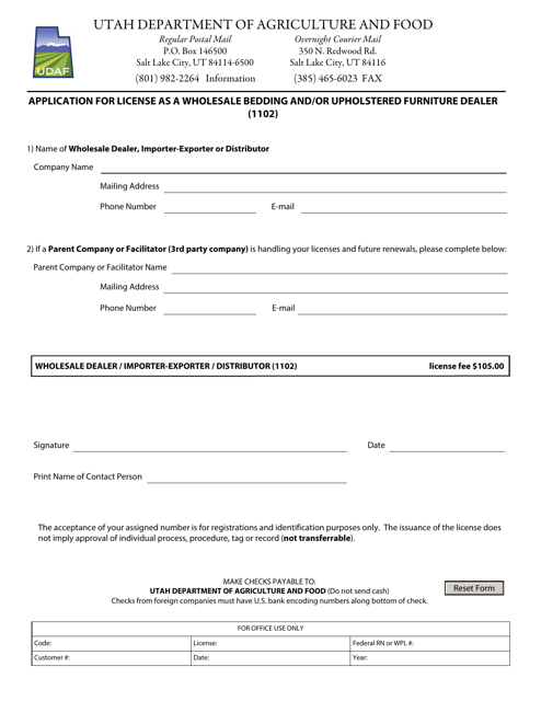 Application for License as a Wholesale Bedding and / or Upholstered Furniture Dealer (1102) - Utah Download Pdf