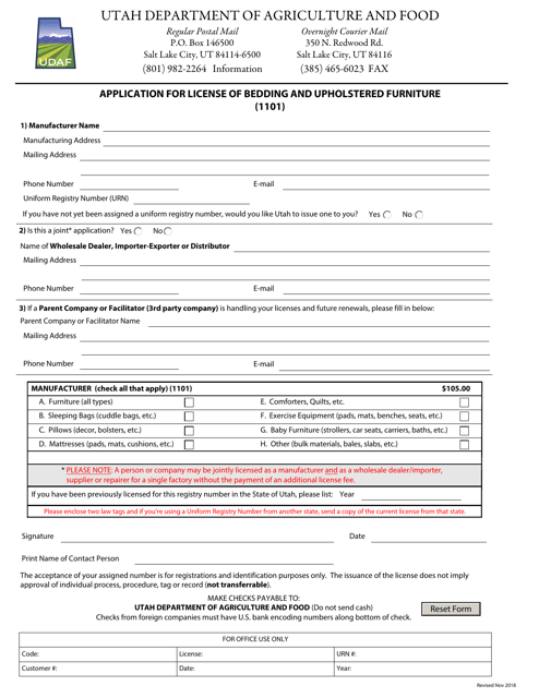 Application for License of Bedding and Upholstered Furniture (1101) - Utah Download Pdf