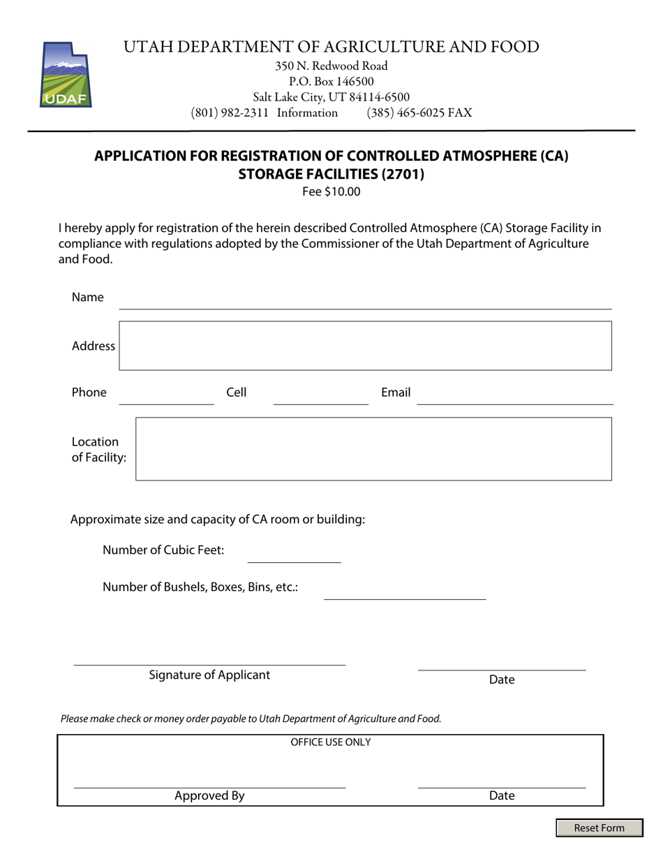 Application for Registration of Controlled Atmosphere (Ca) Storage Facilities (2701) - Utah, Page 1