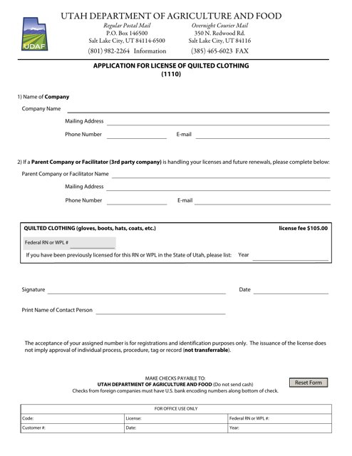 Application for License of Quilted Clothing (1110) - Utah Download Pdf