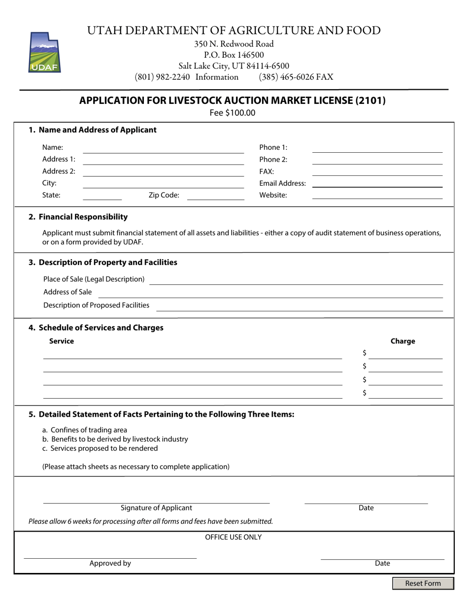 Application for Livestock Auction Market License - Utah, Page 1