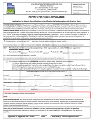 Document preview: Private Pesticide Applicator - Application for License Recertification or Certification by Reciprocation With Another State - Utah