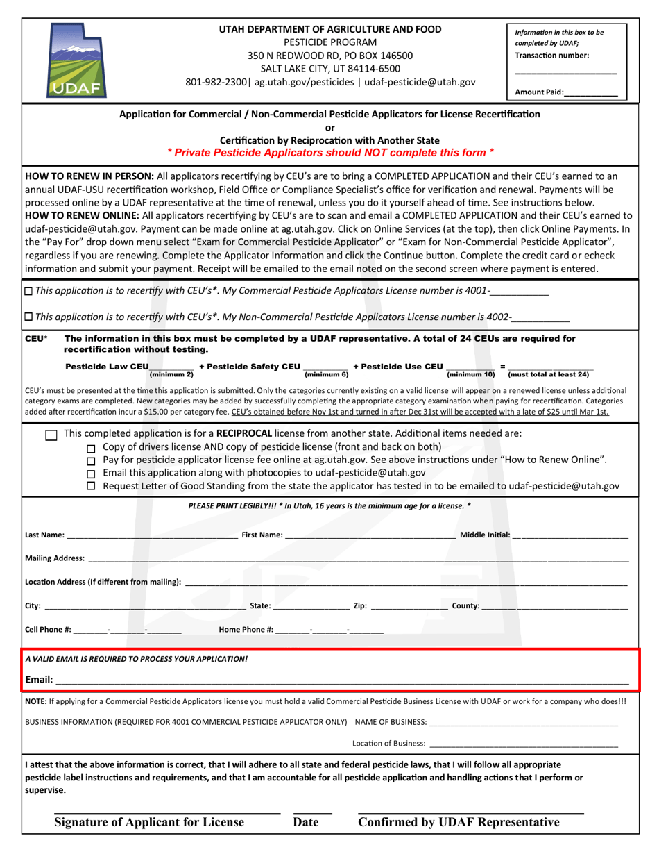 Application for Commercial / Non-commercial Pesticide Applicators for License Recertification or Certification by Reciprocation With Another State - Utah, Page 1