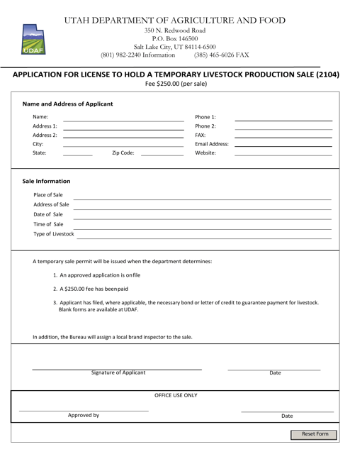 Application for License to Hold a Temporary Livestock Production Sale - Utah Download Pdf