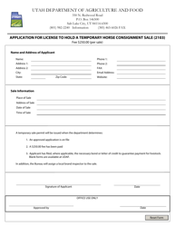 Document preview: Application for License to Hold a Temporary Horse Consignment Sale (2103) - Utah