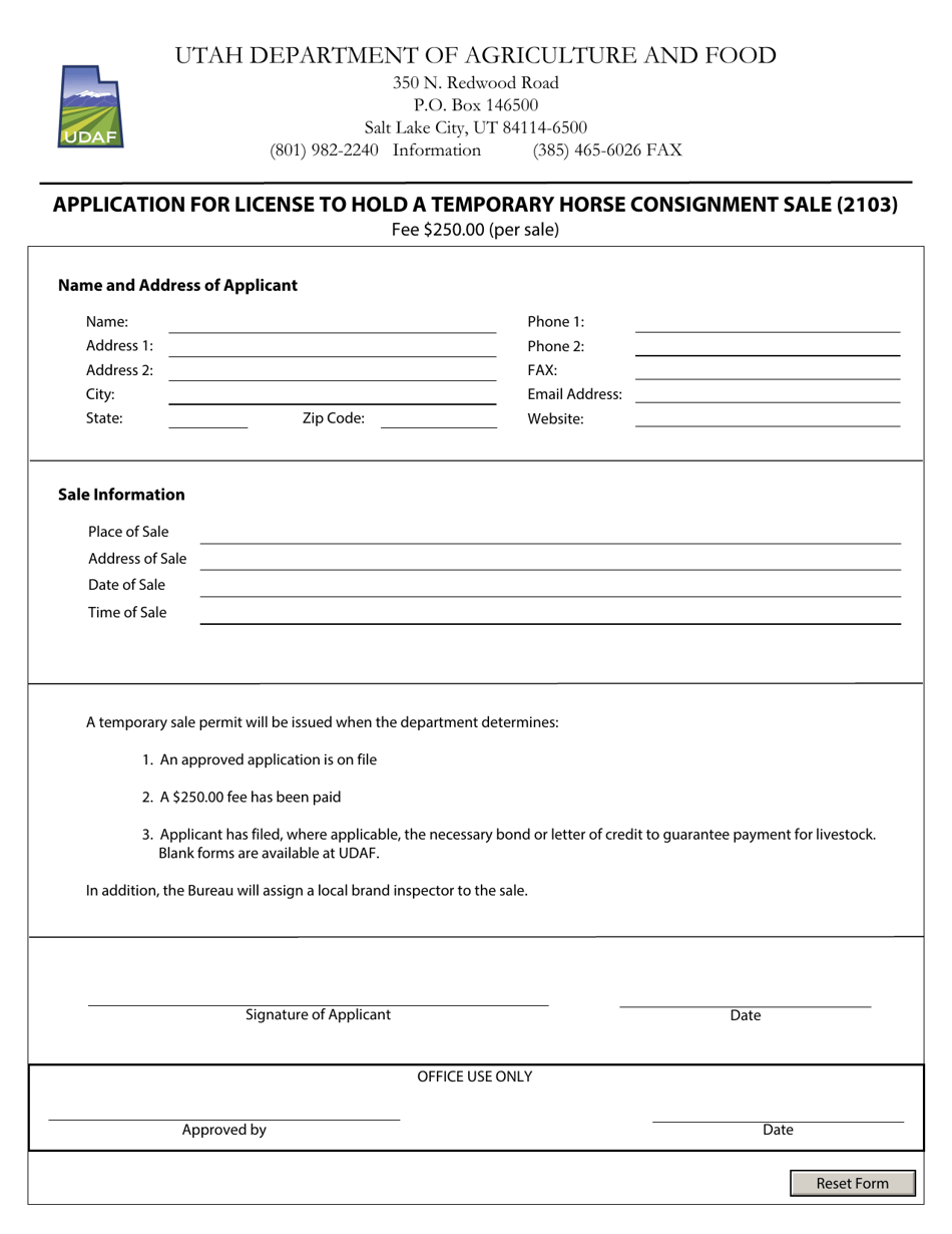 Application for License to Hold a Temporary Horse Consignment Sale (2103) - Utah, Page 1