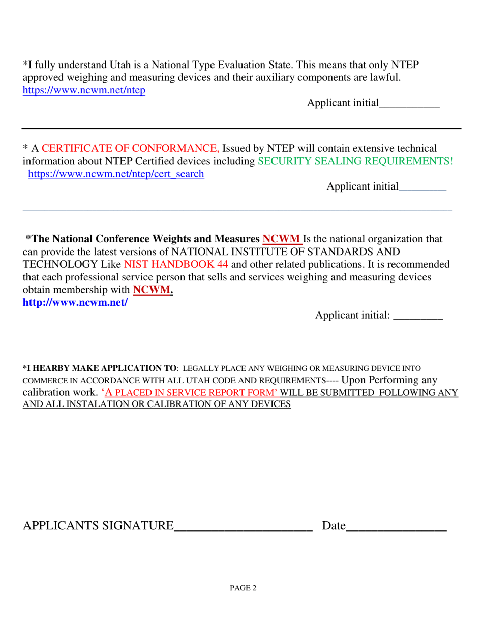 Weighing  Measuring Device / Individual Application for Registered Service Person - Utah, Page 2