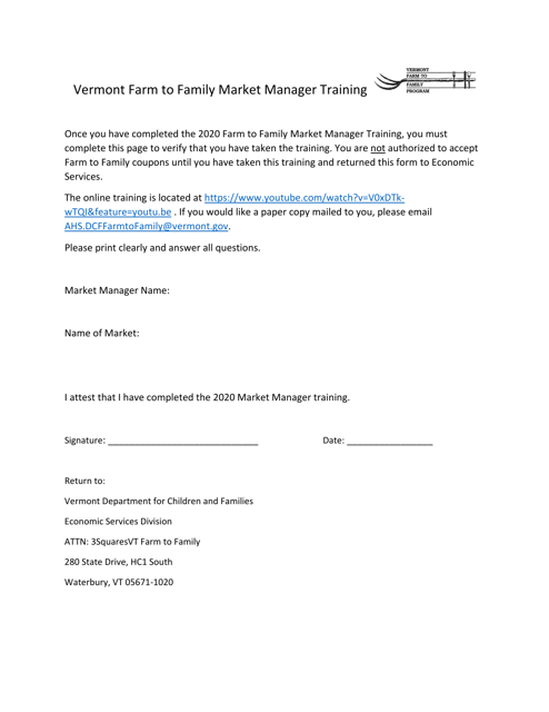 Vermont Farm to Family Market Manager Training Confirmation Form - Vermont, 2020