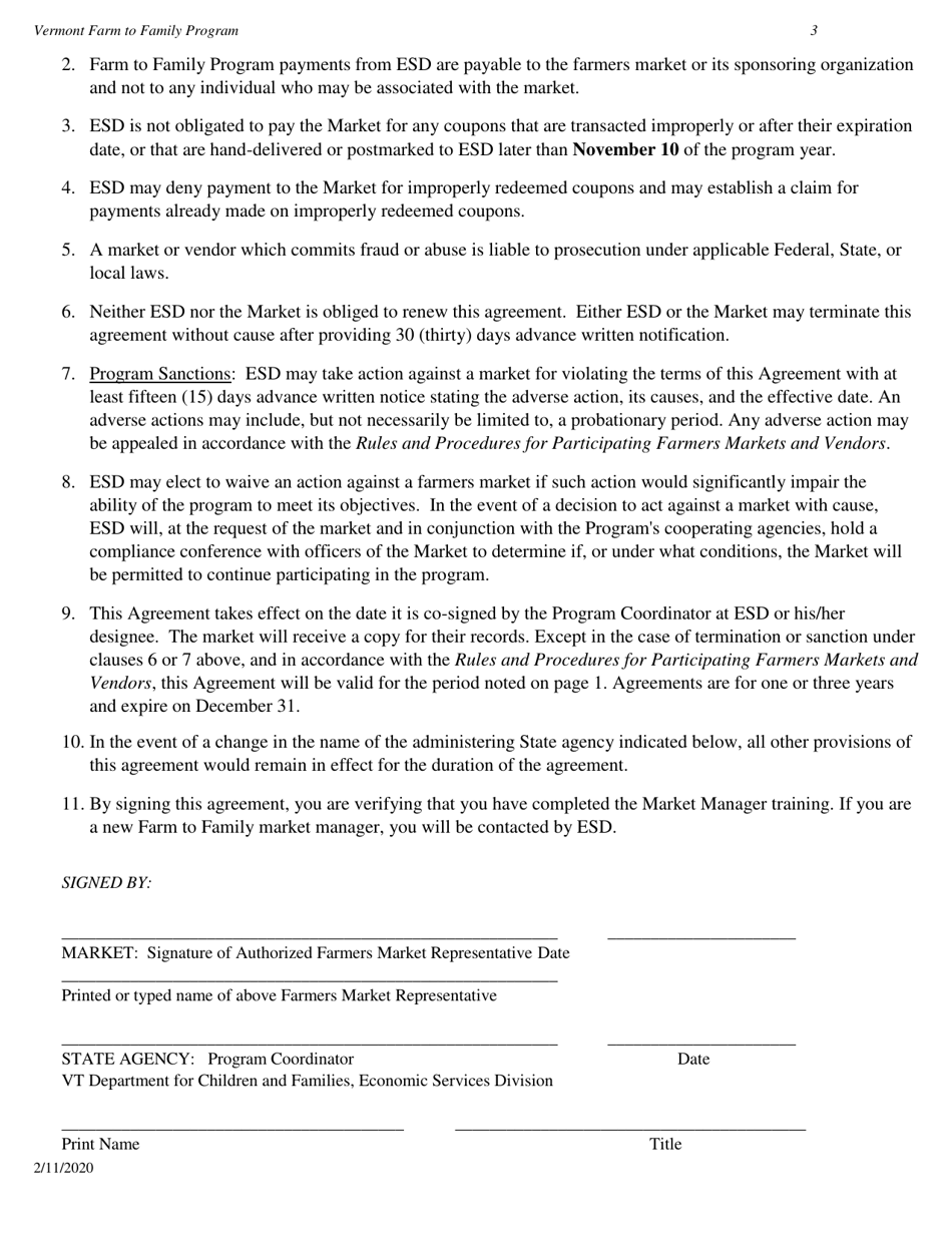 Farmers Market Participation Agreement - Vermont, Page 3