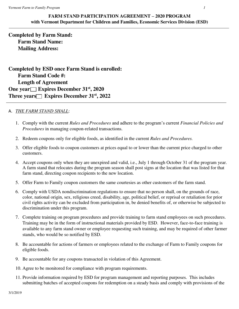 Farm Stand Participation Agreement - Vermont, Page 1