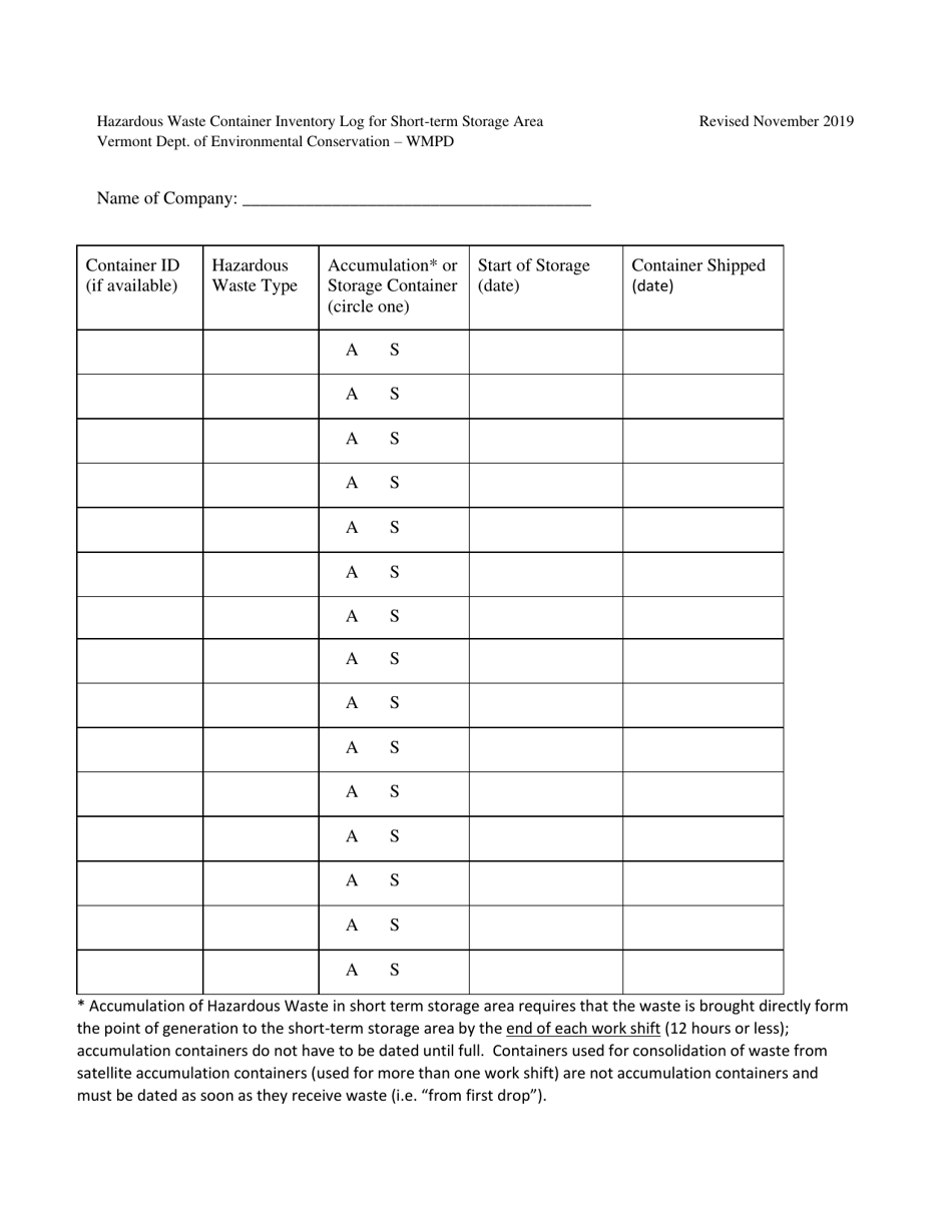 Vermont Hazardous Waste Container Inventory Log for Short-Term Storage ...