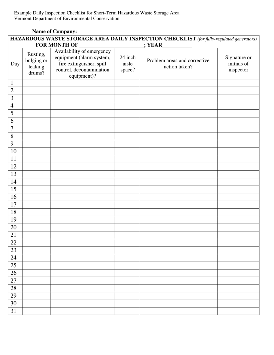 Example Daily Inspection Checklist for Short-Term Hazardous Waste Storage Area - Vermont, Page 1