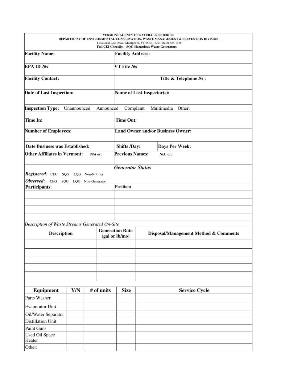 Vermont Full Cei Checklist - Sqg Hazardous Waste Generators - Fill Out ...