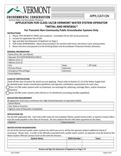 Application for Class 1a / 1b Vermont Water System Operator for Transient Non-community Public Groundwater Systems Only - Vermont Download Pdf