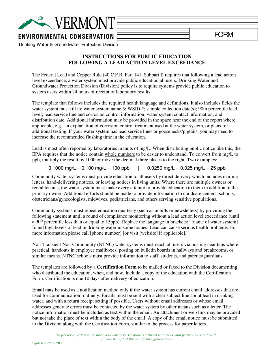 Public Education Following a Lead Action Level Exceedance - Vermont, Page 1
