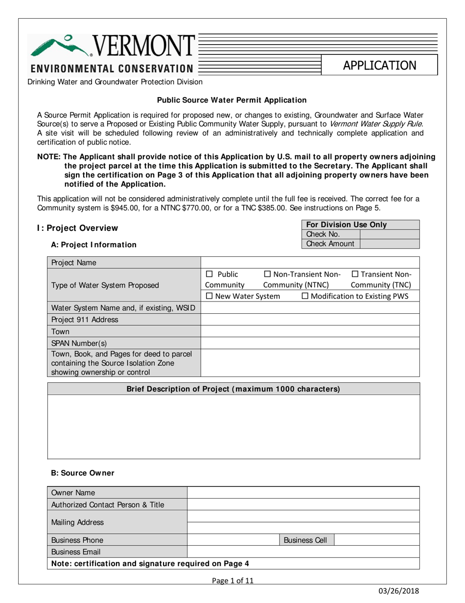 Vermont Public Source Water Permit Application Fill Out, Sign Online