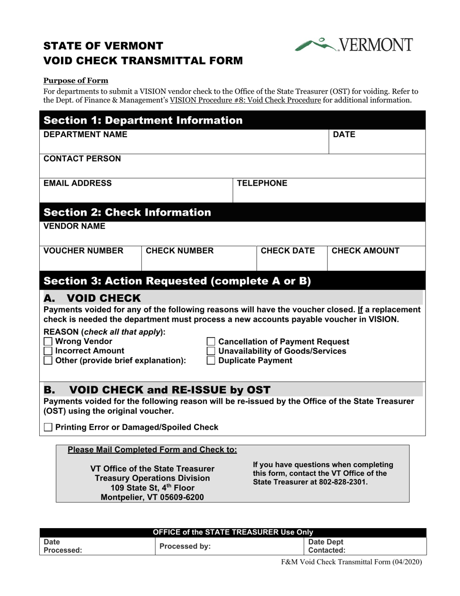 Void Check Transmittal Form - Vermont, Page 1