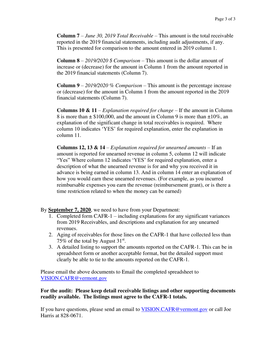Instructions for Form CAFR-1 Accounts Receivable Worksheet - Vermont, Page 3