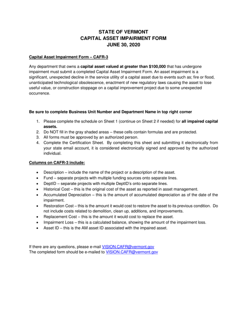 Instructions for Form CAFR-3 Capital Asset Impairment Form - Vermont, 2020