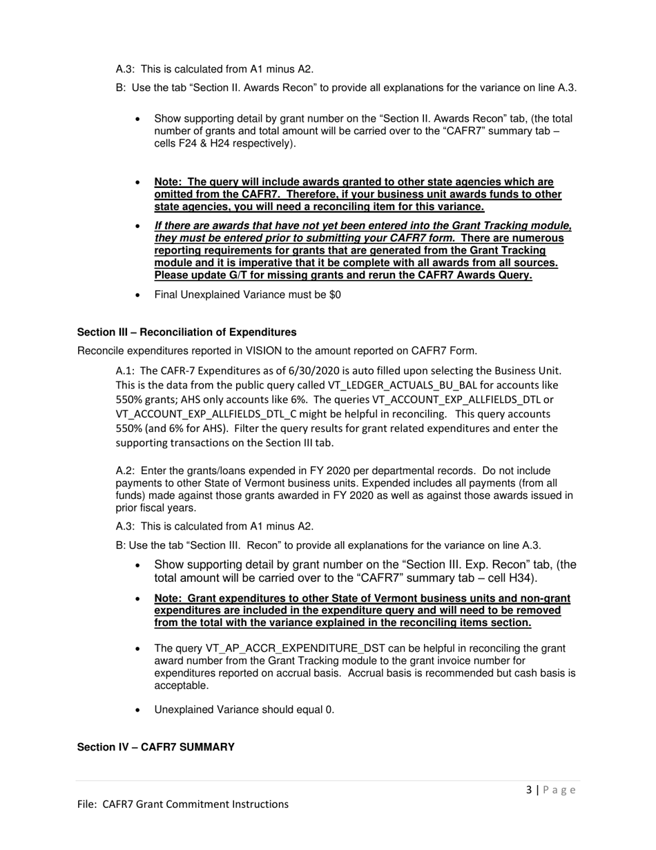 Instructions for Form CAFR-7 Grants Commitment Form - Vermont, Page 3