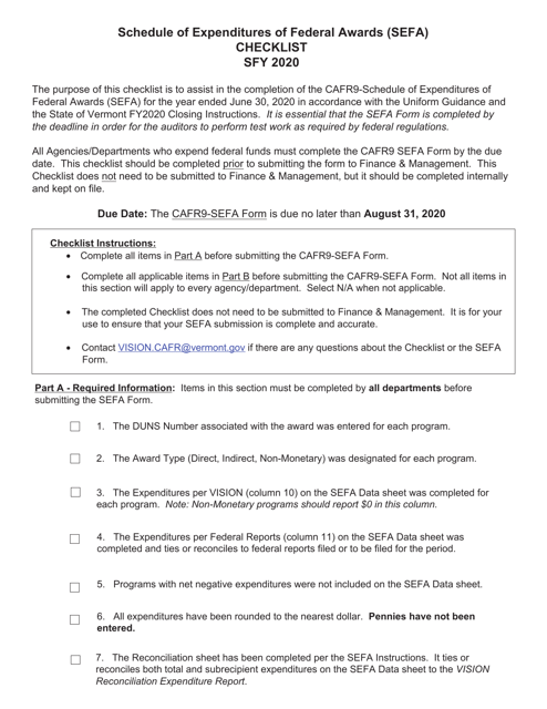 Schedule of Expenditures of Federal Awards (Sefa) Checklist - Vermont Download Pdf