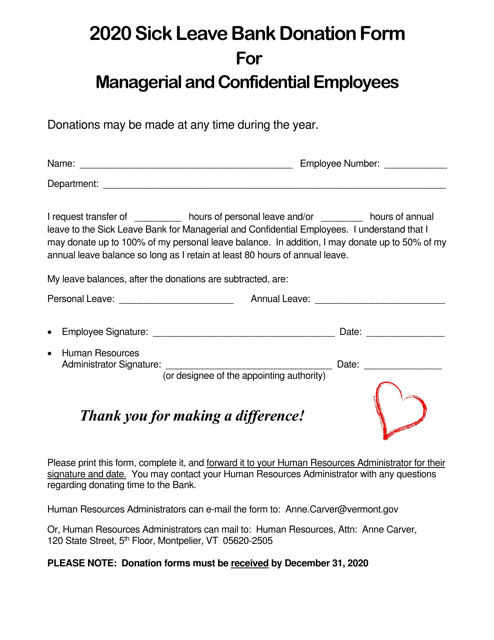 Sick Leave Bank Donation Form for Managerial and Confidential Employees - Vermont Download Pdf