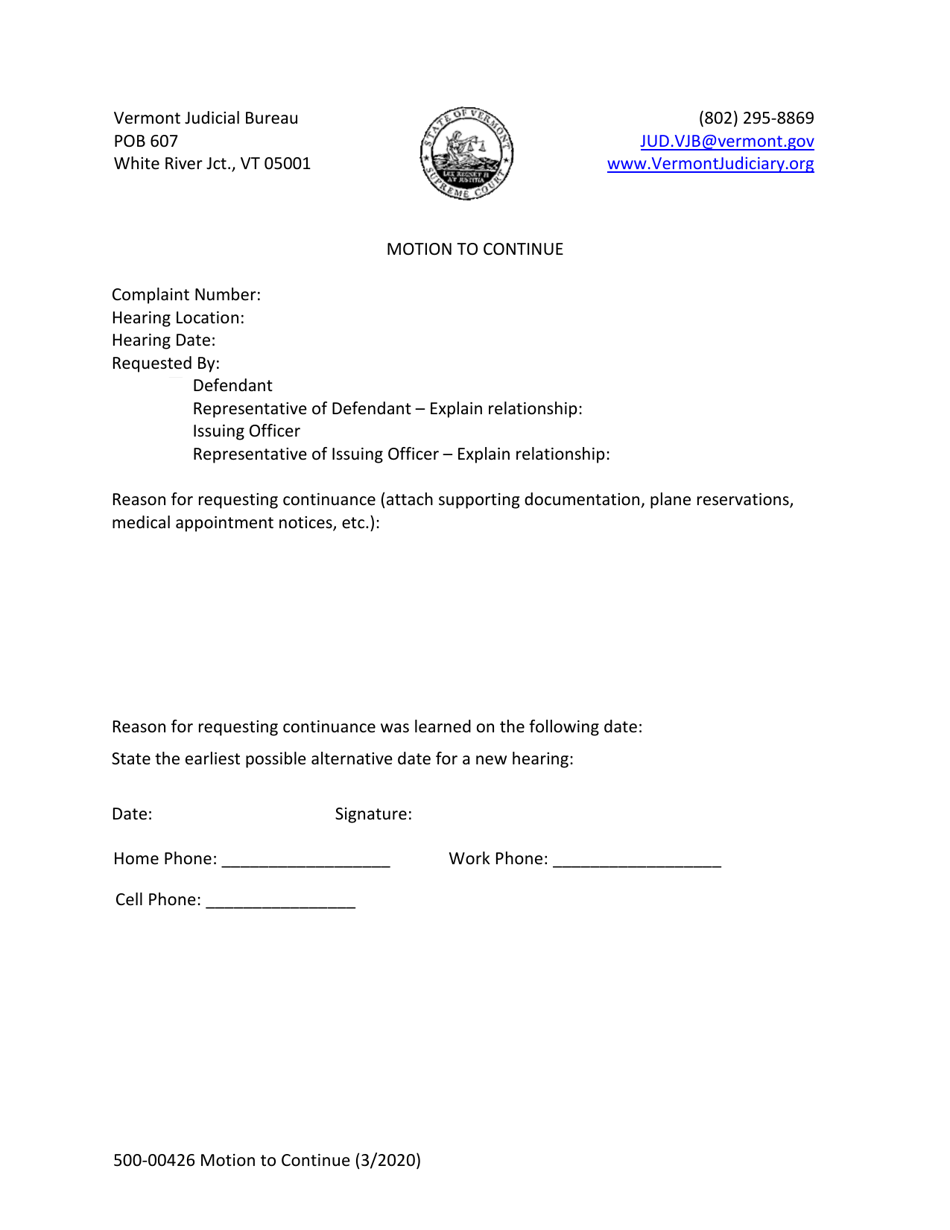 Form 500-00426 Motion to Continue - Vermont, Page 1