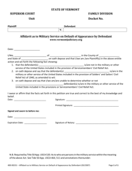 Document preview: Form 400-00231 Affidavit as to Military Service on Default of Appearance by Defendant - Vermont
