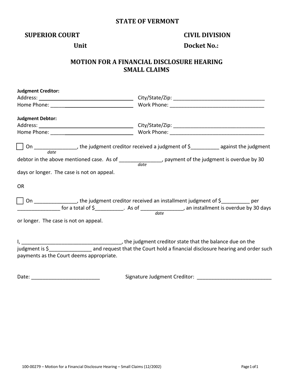 Form 100-00279 Motion for a Financial Disclosure Hearing - Vermont, Page 1