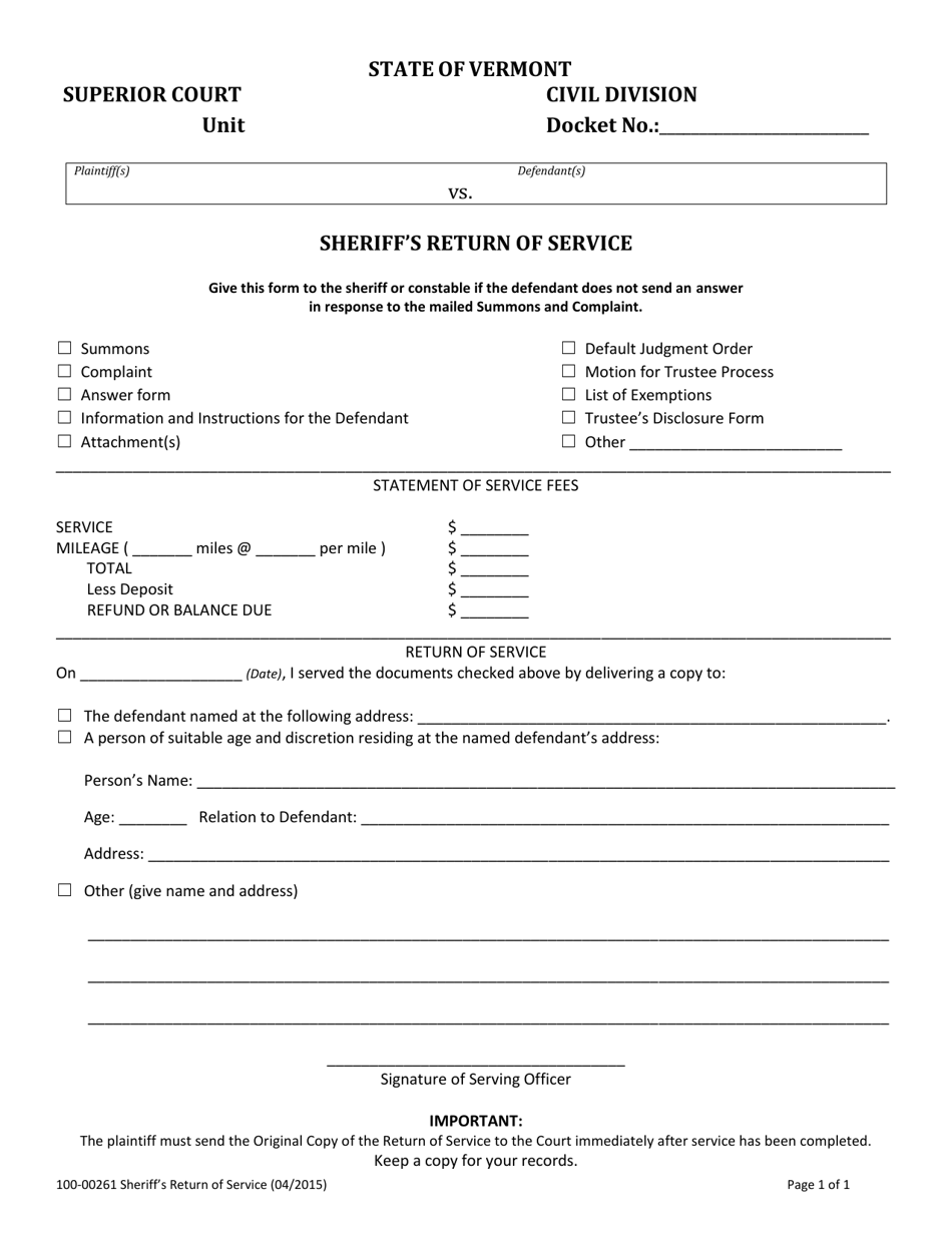 Form 100-00261 Sheriffs Return of Service - Vermont, Page 1