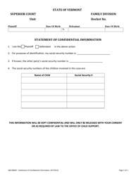 Document preview: Form 400-00849 Statement of Confidential Information - Vermont